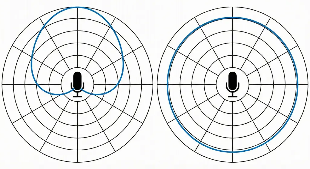 Polar patterns, with cardioid on the left and omnidirectional on the right.