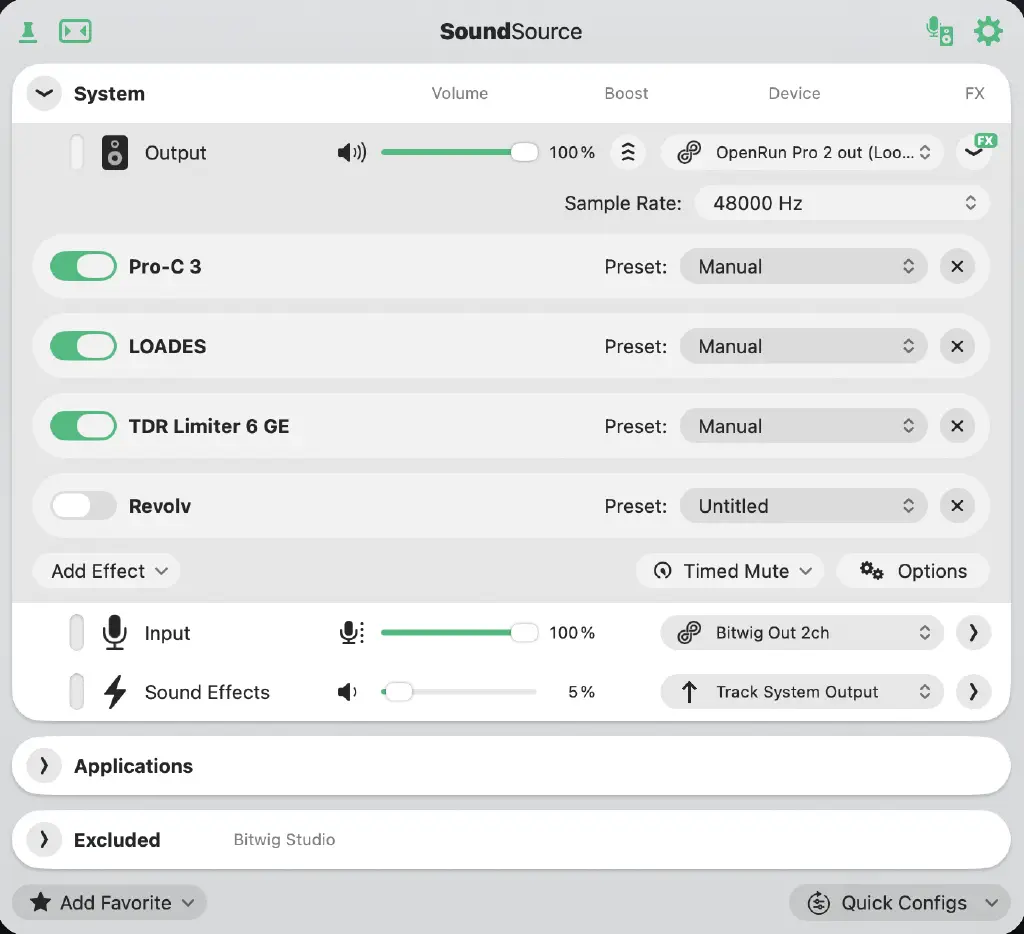 Rogue Amoeba Soundsource. You can see the basic &ldquo;mastering&rdquo; chain that I&rsquo;m using right now. All audio on my computer runs through this short plugin chain (except for my DAW, which I added to SoundSource&rsquo;s &ldquo;Excluded&rdquo; list), to squash the dynamics, de-ess things a bit, and crank up the volume. Revolv (a reverb plugin) is disabled because I like to open it and read about all of the interesting acoustic spaces the creators captured, and SoundSource is a convenient place to put it.